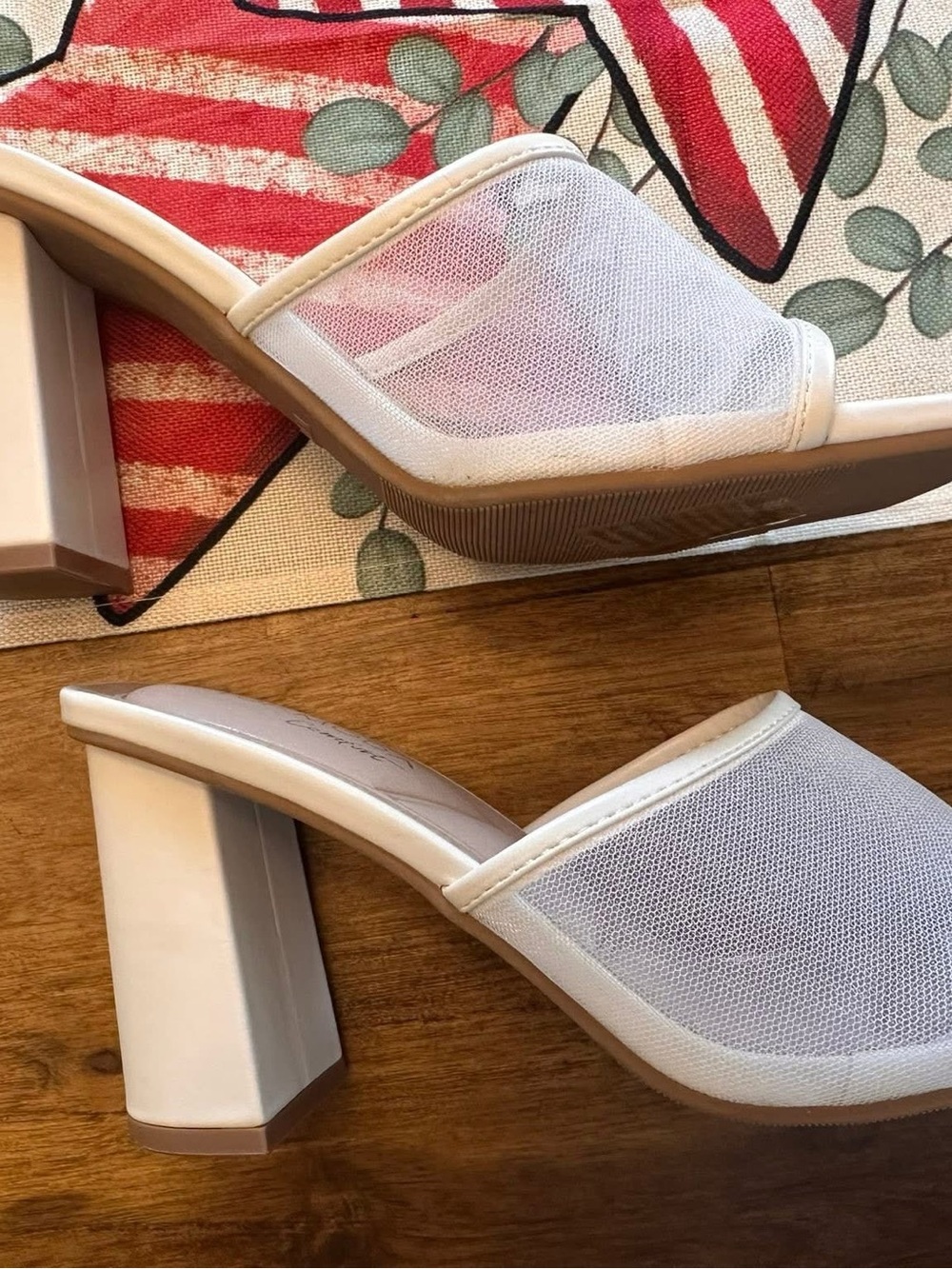 Women’s White Mesh Block Heel Mules